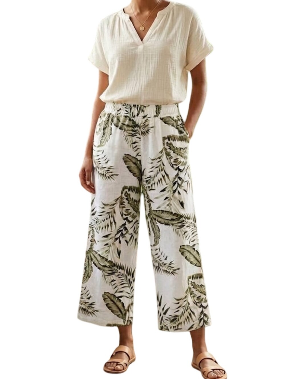 C&C CALIFORNIA Tropical Leaf Print Wide Leg Cropped 100% Linen Pants Size S NWOT